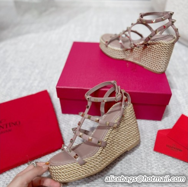Top Design Valentino Rockstud Wedge Sandals 10cm with Calfskin Strap and Rope Dudty Pink VLTN042803