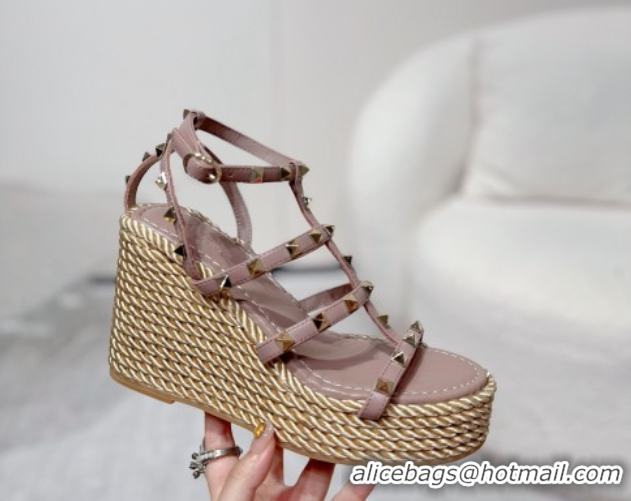 Top Design Valentino Rockstud Wedge Sandals 10cm with Calfskin Strap and Rope Dudty Pink VLTN042803