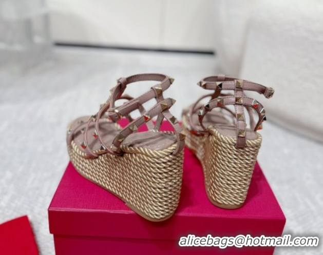 Top Design Valentino Rockstud Wedge Sandals 10cm with Calfskin Strap and Rope Dudty Pink VLTN042803
