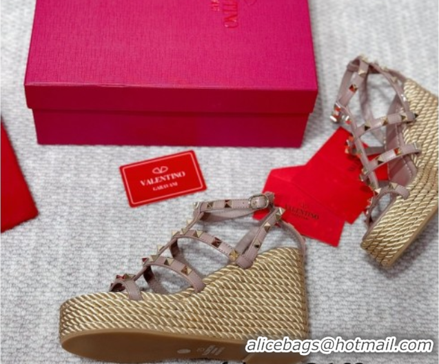 Top Design Valentino Rockstud Wedge Sandals 10cm with Calfskin Strap and Rope Dudty Pink VLTN042803