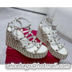 Pretty Style Valentino Rockstud Wedge Sandals 10cm with Calfskin Strap and Rope White 2025 VLTN042803