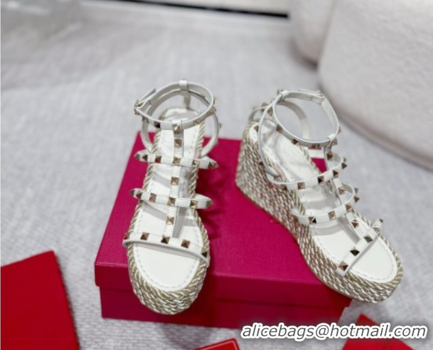 Pretty Style Valentino Rockstud Wedge Sandals 10cm with Calfskin Strap and Rope White 2025 VLTN042803