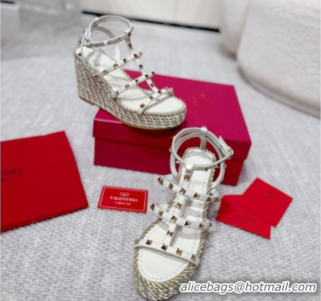 Pretty Style Valentino Rockstud Wedge Sandals 10cm with Calfskin Strap and Rope White 2025 VLTN042803