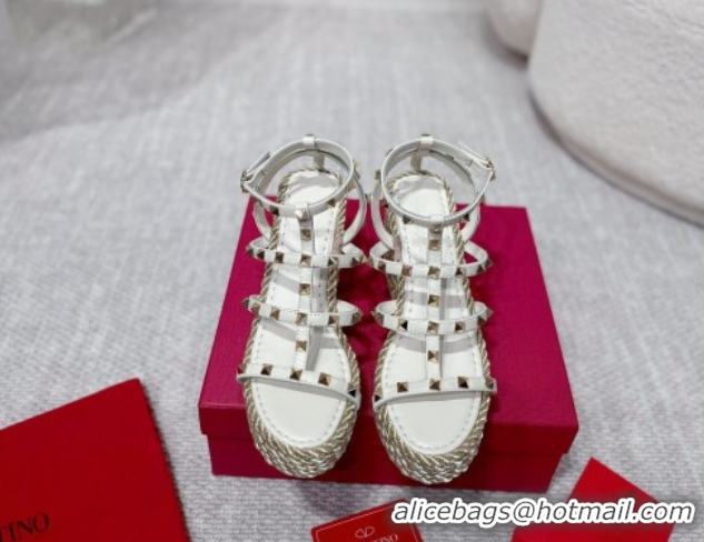 Pretty Style Valentino Rockstud Wedge Sandals 10cm with Calfskin Strap and Rope White 2025 VLTN042803