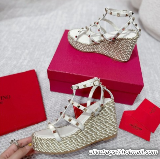 Pretty Style Valentino Rockstud Wedge Sandals 10cm with Calfskin Strap and Rope White 2025 VLTN042803