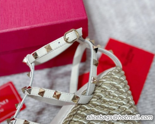 Pretty Style Valentino Rockstud Wedge Sandals 10cm with Calfskin Strap and Rope White 2025 VLTN042803