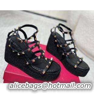 Shop Duplicate Valentino Rockstud Wedge Sandals 10cm with Calfskin Strap and Rope Black 2025 VLTN042803