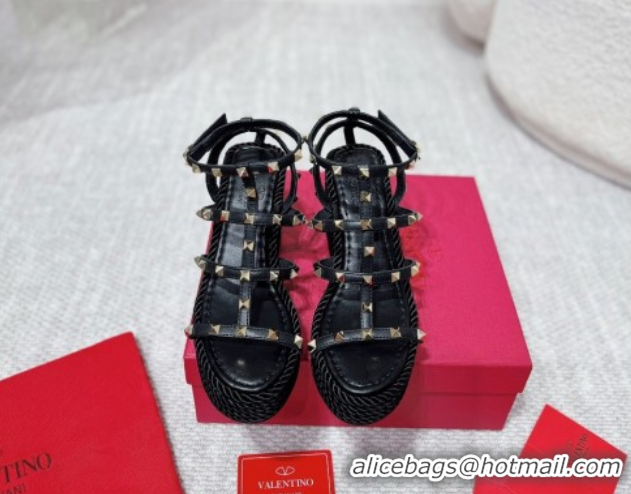 Shop Duplicate Valentino Rockstud Wedge Sandals 10cm with Calfskin Strap and Rope Black 2025 VLTN042803