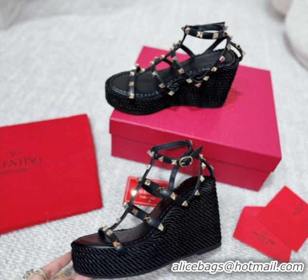 Shop Duplicate Valentino Rockstud Wedge Sandals 10cm with Calfskin Strap and Rope Black 2025 VLTN042803