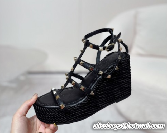 Shop Duplicate Valentino Rockstud Wedge Sandals 10cm with Calfskin Strap and Rope Black 2025 VLTN042803