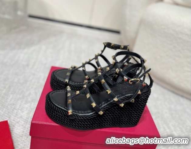 Shop Duplicate Valentino Rockstud Wedge Sandals 10cm with Calfskin Strap and Rope Black 2025 VLTN042803