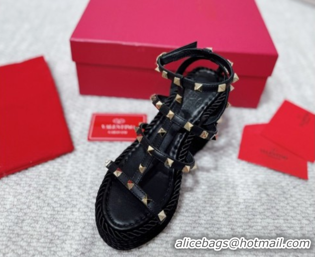 Shop Duplicate Valentino Rockstud Wedge Sandals 10cm with Calfskin Strap and Rope Black 2025 VLTN042803