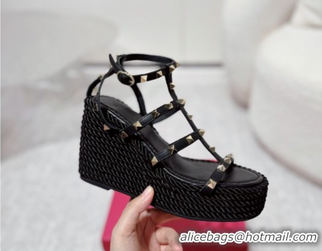 Shop Duplicate Valentino Rockstud Wedge Sandals 10cm with Calfskin Strap and Rope Black 2025 VLTN042803
