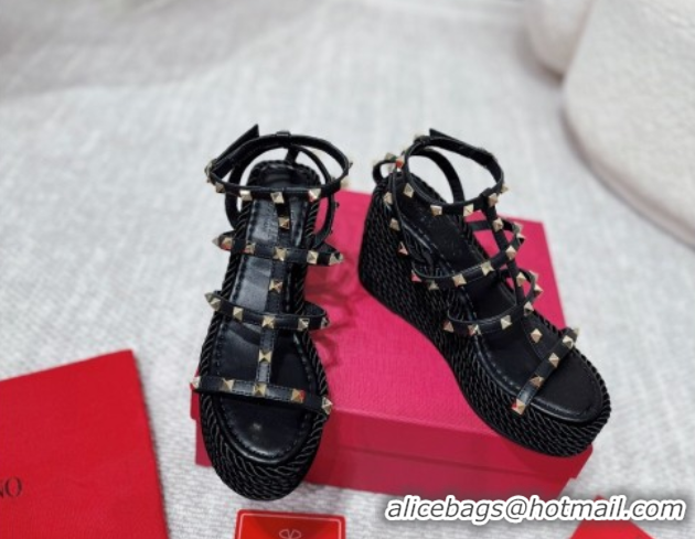 Shop Duplicate Valentino Rockstud Wedge Sandals 10cm with Calfskin Strap and Rope Black 2025 VLTN042803
