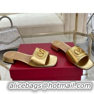 Shop Cheap Valentino VLogo Signature Patch Calfskin Heel Slides Sandal 3cm Gold 0428025