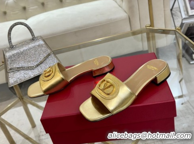 Shop Cheap Valentino VLogo Signature Patch Calfskin Heel Slides Sandal 3cm Gold 0428025