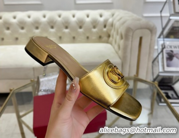 Shop Cheap Valentino VLogo Signature Patch Calfskin Heel Slides Sandal 3cm Gold 0428025