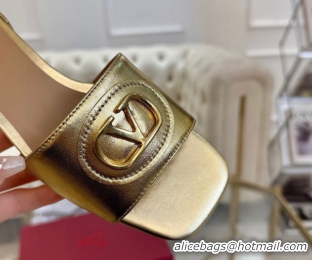 Shop Cheap Valentino VLogo Signature Patch Calfskin Heel Slides Sandal 3cm Gold 0428025