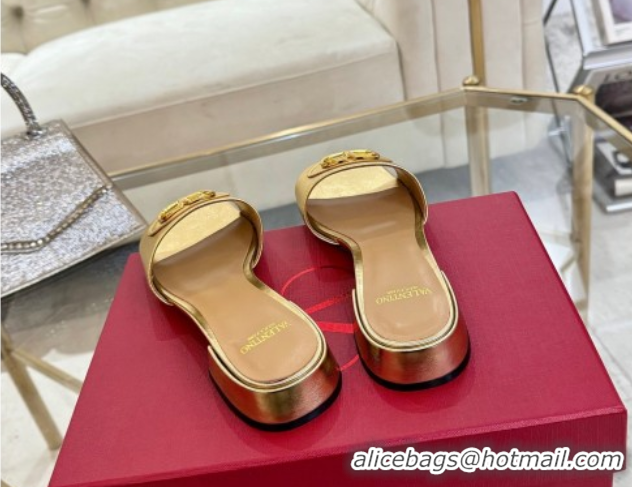 Shop Cheap Valentino VLogo Signature Patch Calfskin Heel Slides Sandal 3cm Gold 0428025