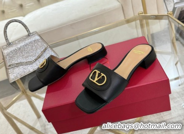 Perfect Valentino VLogo Signature Patch Calfskin Heel Slides Sandal 3cm Black 0428027