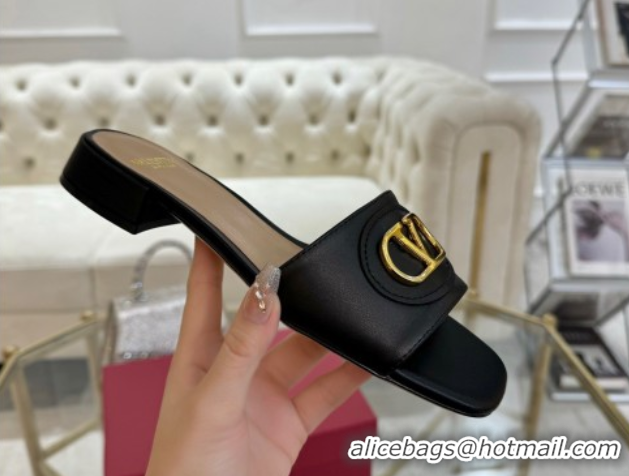 Perfect Valentino VLogo Signature Patch Calfskin Heel Slides Sandal 3cm Black 0428027