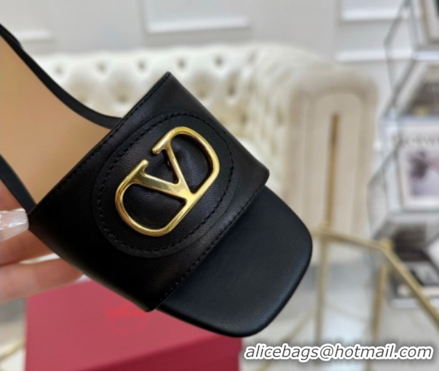 Perfect Valentino VLogo Signature Patch Calfskin Heel Slides Sandal 3cm Black 0428027
