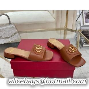 Sumptuous Valentino VLogo Signature Patch Calfskin Heel Slides Sandal 3cm Brown 0428028