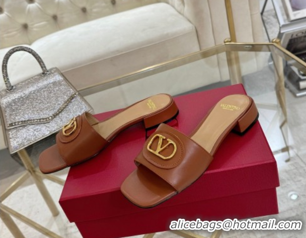 Sumptuous Valentino VLogo Signature Patch Calfskin Heel Slides Sandal 3cm Brown 0428028