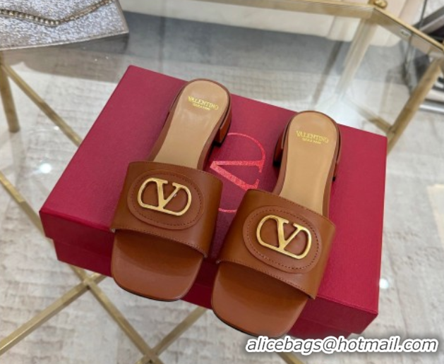 Sumptuous Valentino VLogo Signature Patch Calfskin Heel Slides Sandal 3cm Brown 0428028