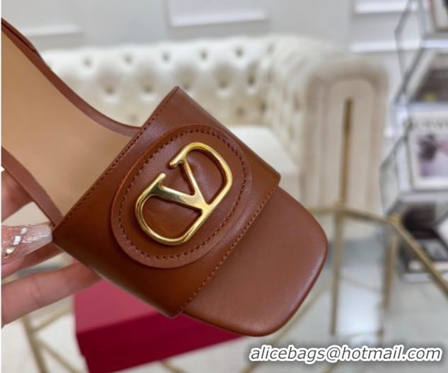 Sumptuous Valentino VLogo Signature Patch Calfskin Heel Slides Sandal 3cm Brown 0428028