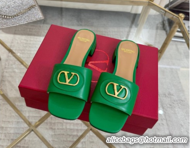 Stylish Valentino VLogo Signature Patch Calfskin Heel Slides Sandal 3cm Green 0428029