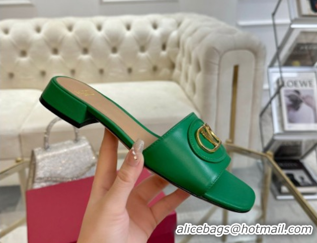 Stylish Valentino VLogo Signature Patch Calfskin Heel Slides Sandal 3cm Green 0428029
