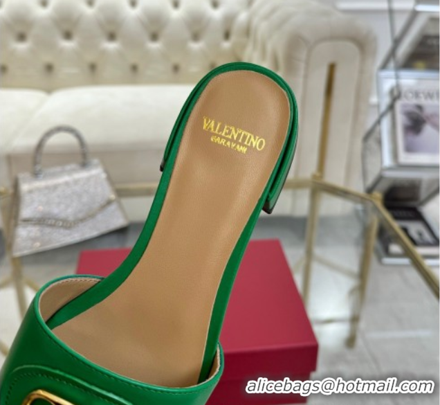 Stylish Valentino VLogo Signature Patch Calfskin Heel Slides Sandal 3cm Green 0428029