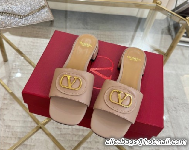 Grade Quality Valentino VLogo Signature Patch Calfskin Heel Slides Sandal 3cm Dusty Pink 0428030