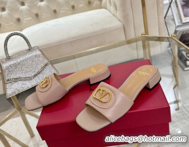 Grade Quality Valentino VLogo Signature Patch Calfskin Heel Slides Sandal 3cm Dusty Pink 0428030