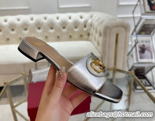 Expensive Valentino VLogo Signature Patch Calfskin Heel Slides Sandal 3cm Silver 0428031