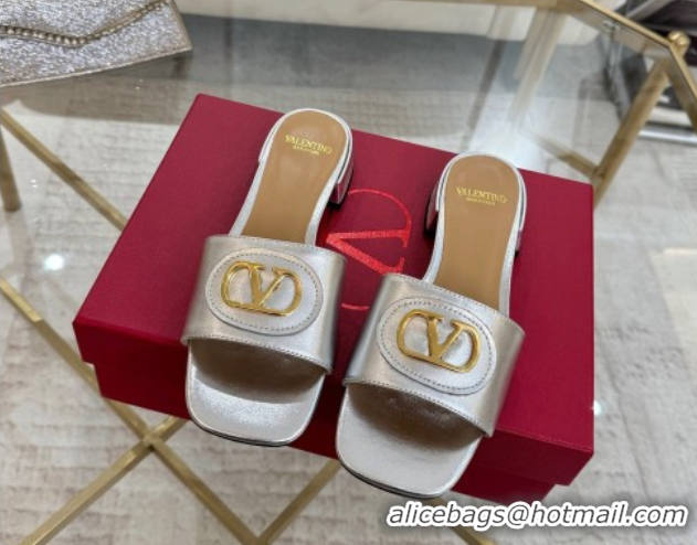 Expensive Valentino VLogo Signature Patch Calfskin Heel Slides Sandal 3cm Silver 0428031