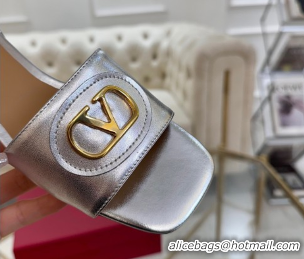 Expensive Valentino VLogo Signature Patch Calfskin Heel Slides Sandal 3cm Silver 0428031