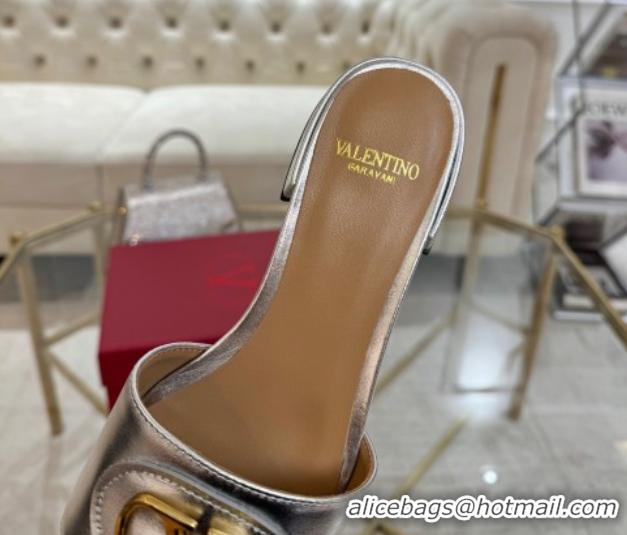 Expensive Valentino VLogo Signature Patch Calfskin Heel Slides Sandal 3cm Silver 0428031
