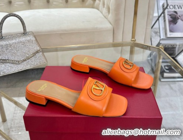 Low Price Valentino VLogo Signature Patch Calfskin Heel Slides Sandal 3cm Orange 0428032
