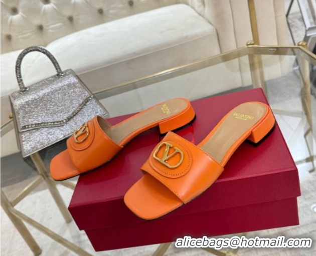 Low Price Valentino VLogo Signature Patch Calfskin Heel Slides Sandal 3cm Orange 0428032