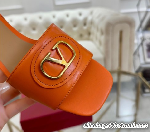 Low Price Valentino VLogo Signature Patch Calfskin Heel Slides Sandal 3cm Orange 0428032