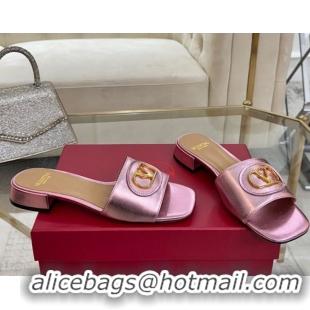 Buy Luxury Valentino VLogo Signature Patch Calfskin Heel Slides Sandal 3cm Metallic Pink 0428033