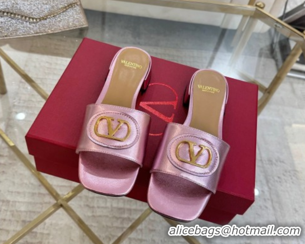 Buy Luxury Valentino VLogo Signature Patch Calfskin Heel Slides Sandal 3cm Metallic Pink 0428033