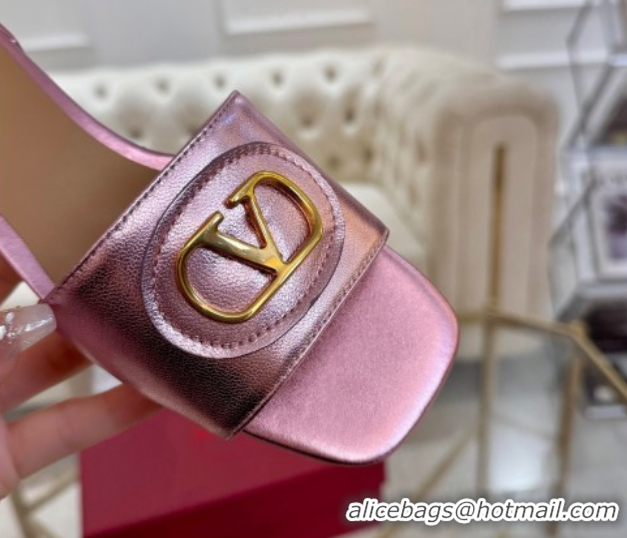 Buy Luxury Valentino VLogo Signature Patch Calfskin Heel Slides Sandal 3cm Metallic Pink 0428033