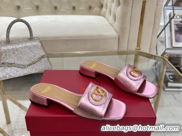 Buy Luxury Valentino VLogo Signature Patch Calfskin Heel Slides Sandal 3cm Metallic Pink 0428033