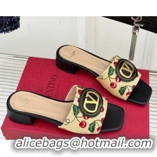 Unique Style Valentino VLogo Signature Cherryfic Heel Slides Sandal 3cm in Jacquard Synthetic Raffia Black 0428034