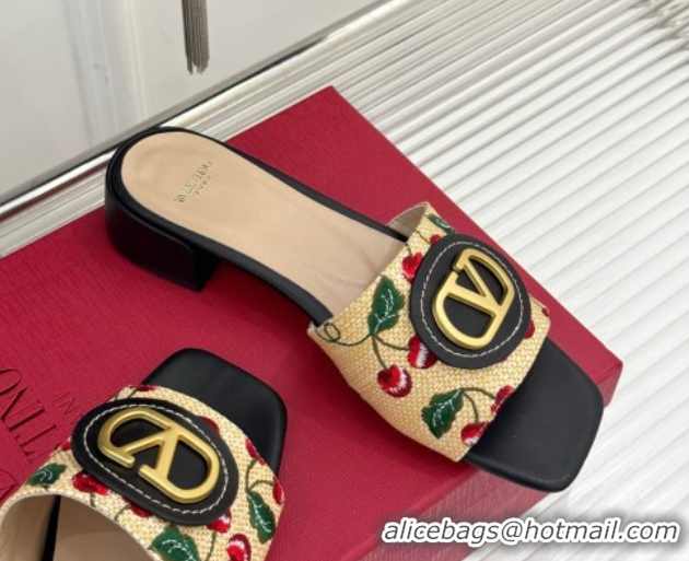 Unique Style Valentino VLogo Signature Cherryfic Heel Slides Sandal 3cm in Jacquard Synthetic Raffia Black 0428034