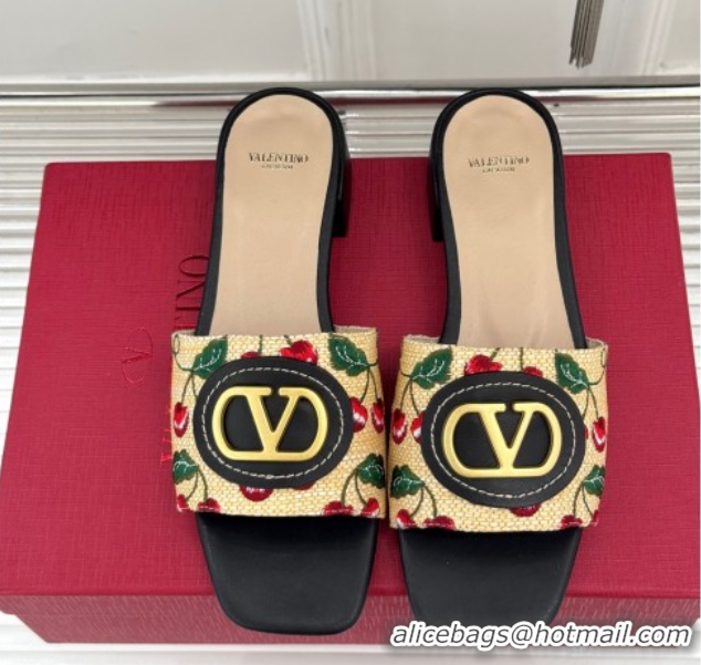 Unique Style Valentino VLogo Signature Cherryfic Heel Slides Sandal 3cm in Jacquard Synthetic Raffia Black 0428034