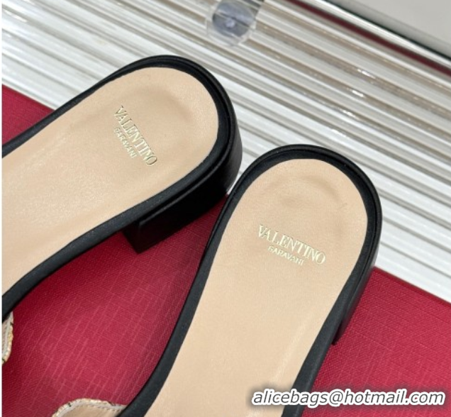Unique Style Valentino VLogo Signature Cherryfic Heel Slides Sandal 3cm in Jacquard Synthetic Raffia Black 0428034